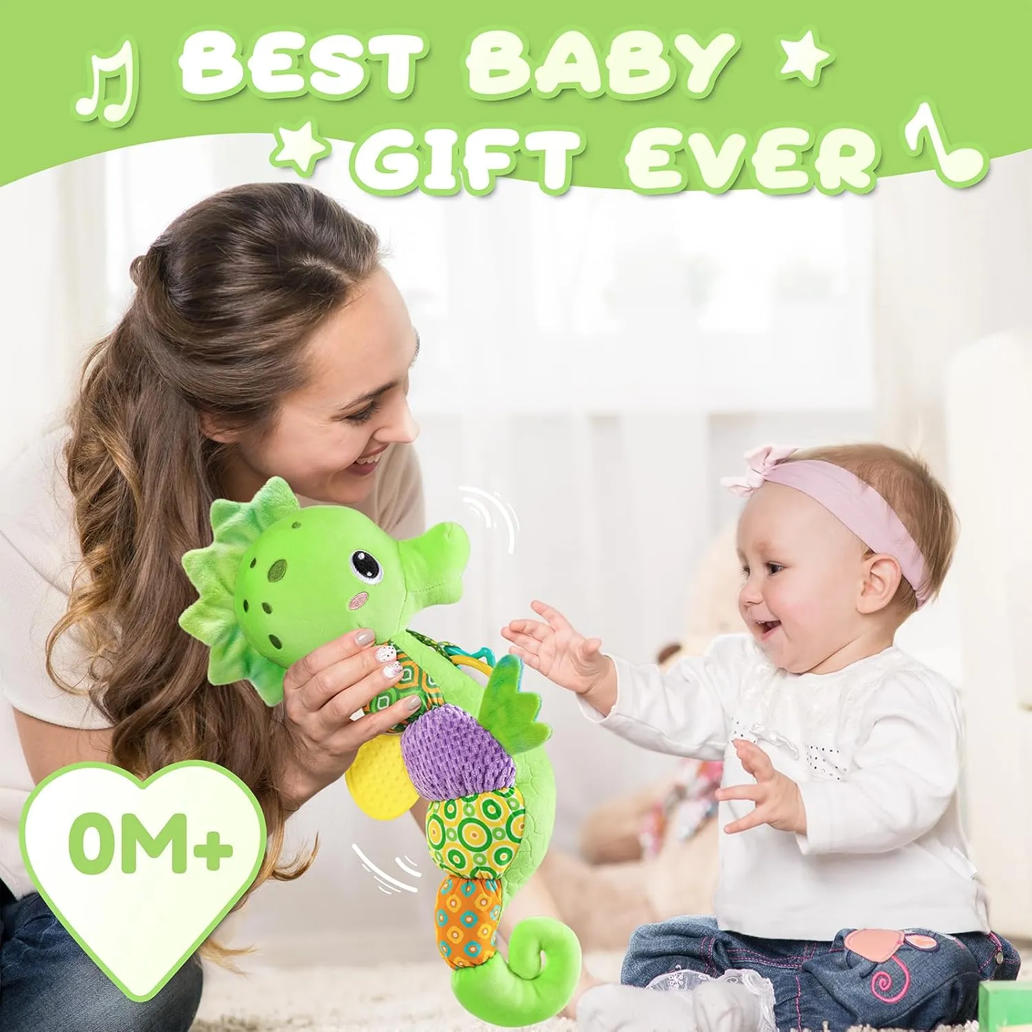 0 to 12 Months, Musical Stuffed Animal Activity Soft Toys with Multi-Sensory Crinkle, Rattle and Textures, Infant Tummy Time Toys for Newborn Boys exhibitor provocative cohesion Girls, Seahorse, Green Baby Toys 