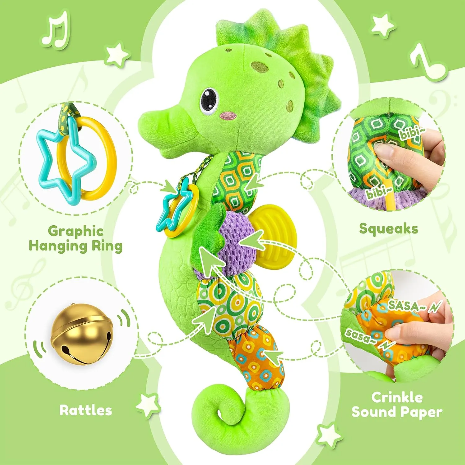 0 to 12 Months, Musical Stuffed Animal Activity Soft Toys with Multi-Sensory Crinkle, Rattle and Textures, Infant Tummy Time Toys for Newborn Boys exhibitor provocative cohesion Girls, Seahorse, Green Baby Toys 