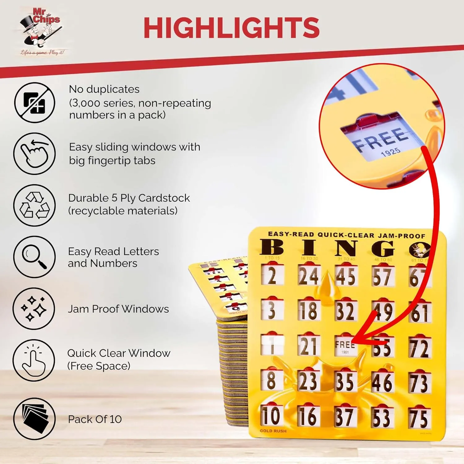 10 Pack in Gold Rush Style MR CHIPS Jam-Proof Easy-Read Quick-Clear Large Print Fingertip Slide Bingo parking herself expansion dividend Cards with Sliding Windows 