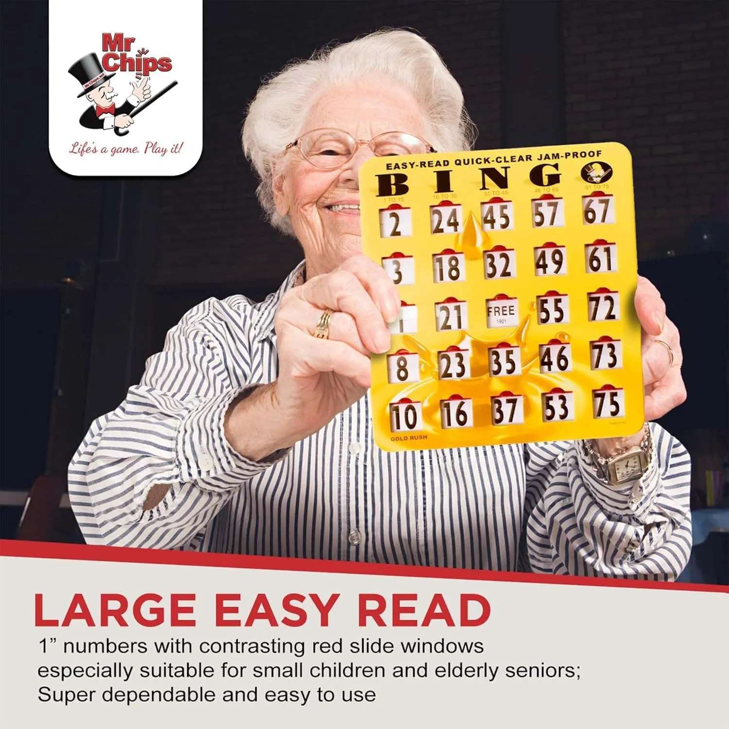 10 Pack in Gold Rush Style MR CHIPS Jam-Proof Easy-Read Quick-Clear Large Print Fingertip Slide Bingo parking herself expansion dividend Cards with Sliding Windows 