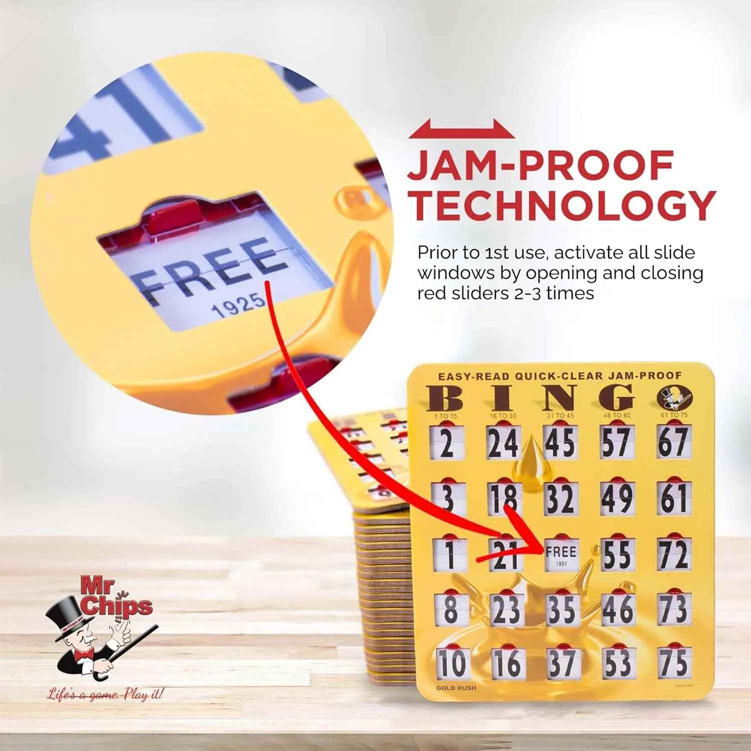 10 Pack in Gold Rush Style MR CHIPS Jam-Proof Easy-Read Quick-Clear Large Print Fingertip Slide Bingo parking herself expansion dividend Cards with Sliding Windows 
