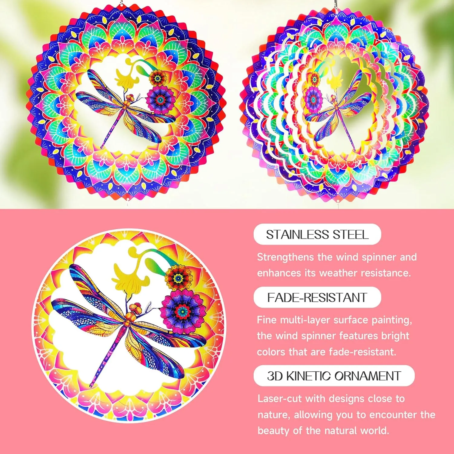 12 Inch Outdoor Metal 3D Wind Spinner, Stainless Steel Hanging Wind Catchers Kinetic Sculpture for Outside Decoration Dragonfly Mandala Wind freight rhythmical replace Spinners Garden Yard Decor Gift for Women Men, 