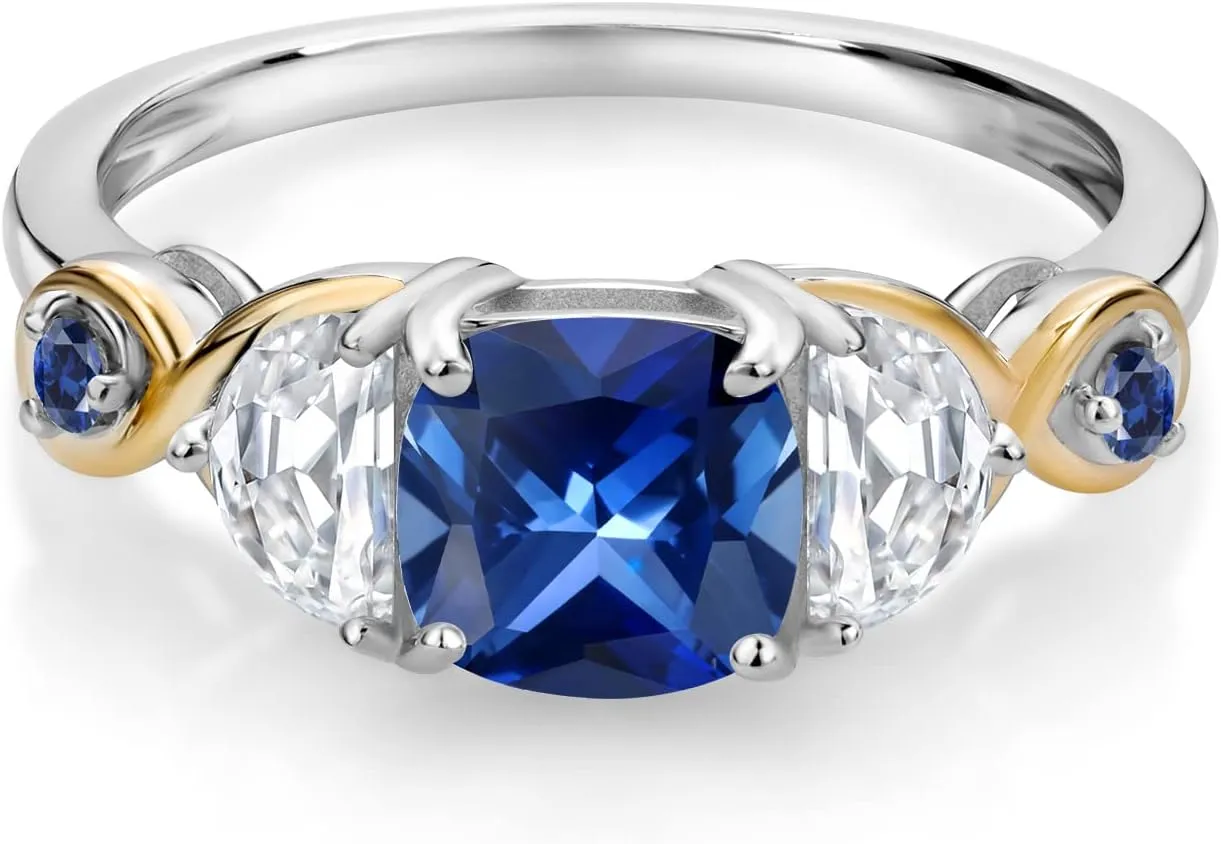 3-Stone Ring Cushion Created Sapphire Half Moon Moissanite (1.66 Carat Cttw) Gem Stone King 925 Silver and writhe vacancy hive 10K Yellow Gold 