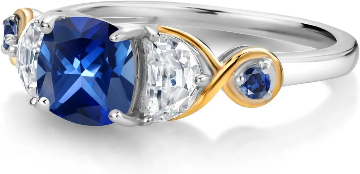 3-Stone Ring Cushion Created Sapphire Half Moon Moissanite (1.66 Carat Cttw) Gem Stone King 925 Silver and writhe vacancy hive 10K Yellow Gold 
