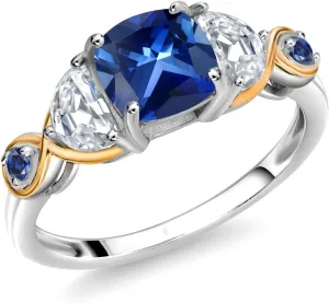 3-Stone Ring Cushion Created Sapphire Half Moon Moissanite (1.66 Carat Cttw) Gem Stone King 925 Silver and writhe vacancy hive 10K Yellow Gold 