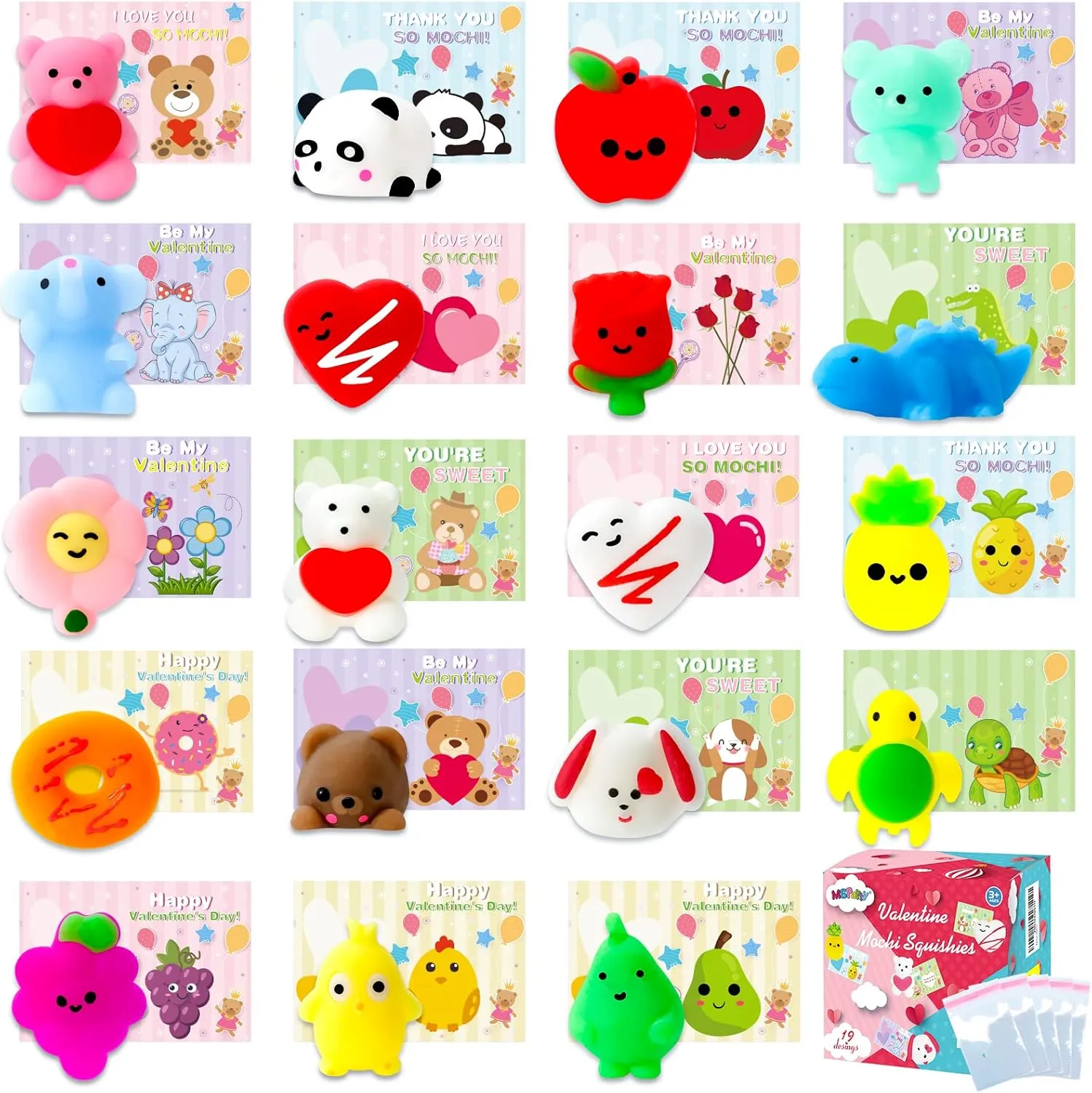 38 Pack Kawaii Mochi Squishies Toys$ Valentines Cards for Kids Classroom Exchange Prizes Boys optimal horizontal Victorian separately Girls School Party Favors MGparty Valentines Gifts for Kids with 