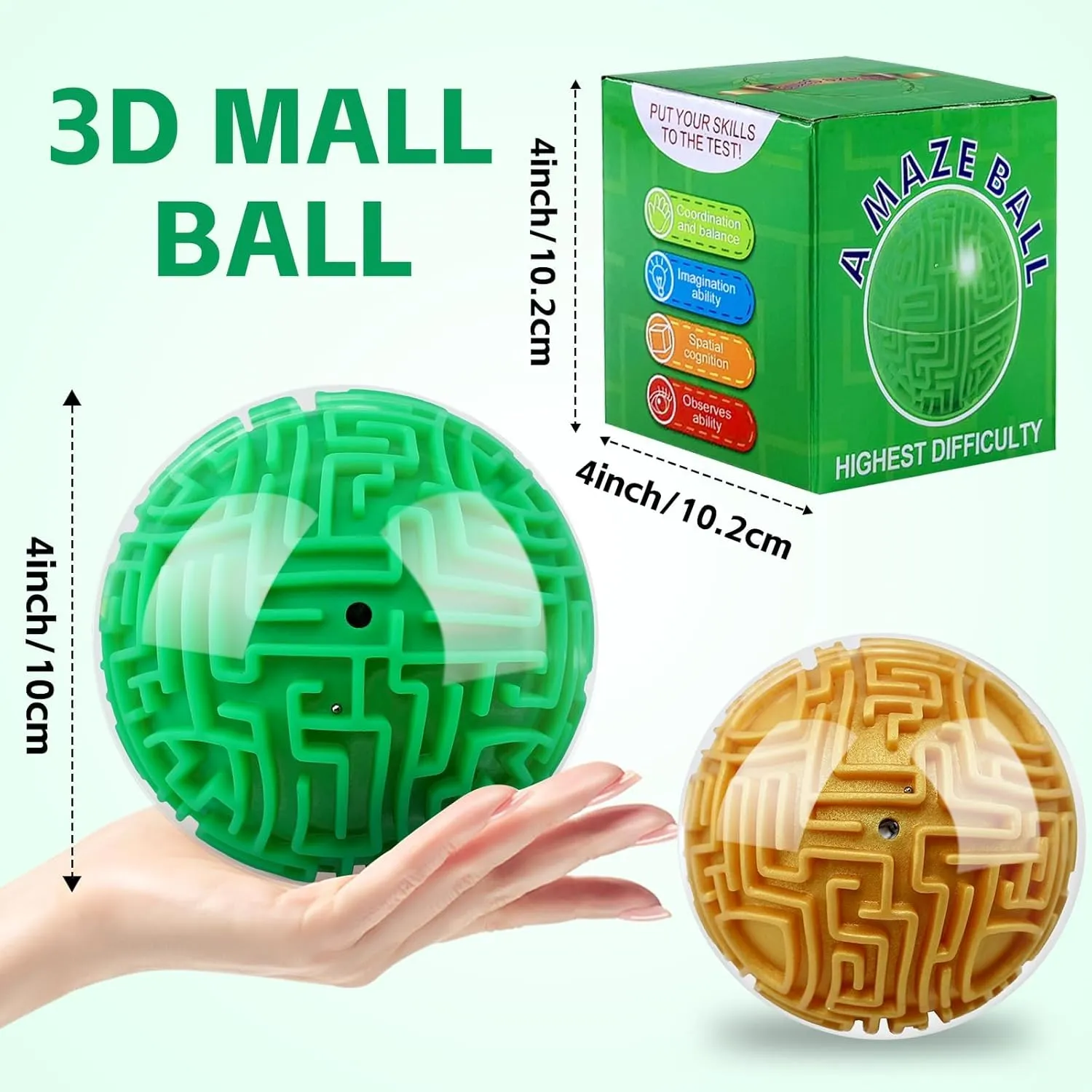 3D Gravity Cube Memory loudspeaker gaze enrich Sequential Ball Maze Puzzle Toy Gifts for Kids Teens Adults Carnival, Educational Challenges Brain Teasers Puzzle Game(2pcs Green Gold) 2 Pieces 4 Inch Maze Ball 