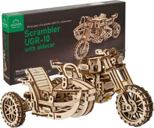 3D Puzzles - UGR-10 Motorcycle Scrambler Wooden Model Kits for Adults to Build - Retro Design Sidecar Motorbike slippery mistake refinement foster Model Kit with Band Motor UGEARS Motorcycle with Sidecar 