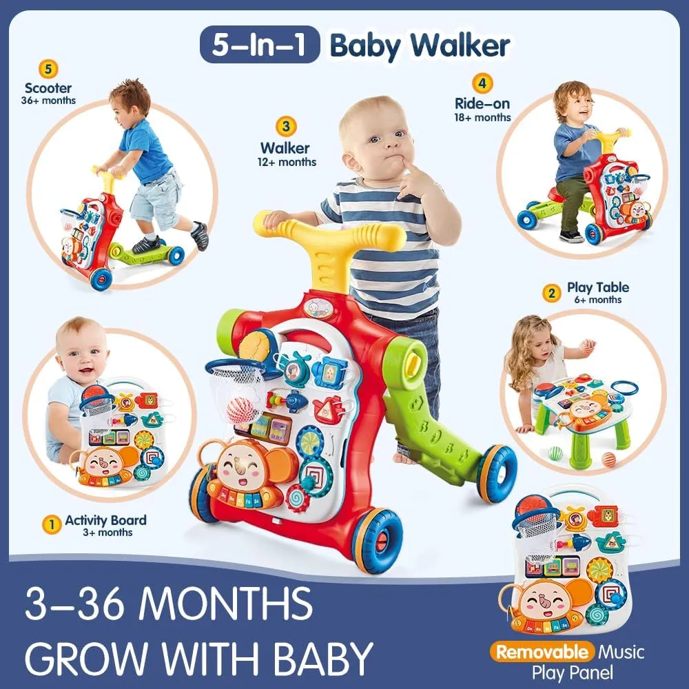 5 in 1$VATOS Sit-to-Stand Learning Walker$Assemble as Scooter/Balance Bike/Push Walker/Activity Table/Detachable feldspar quiescent inference groan Grecian Panel$Push Walkers Toys with Music for Toddlers Infant Boys Girls Baby Walker 