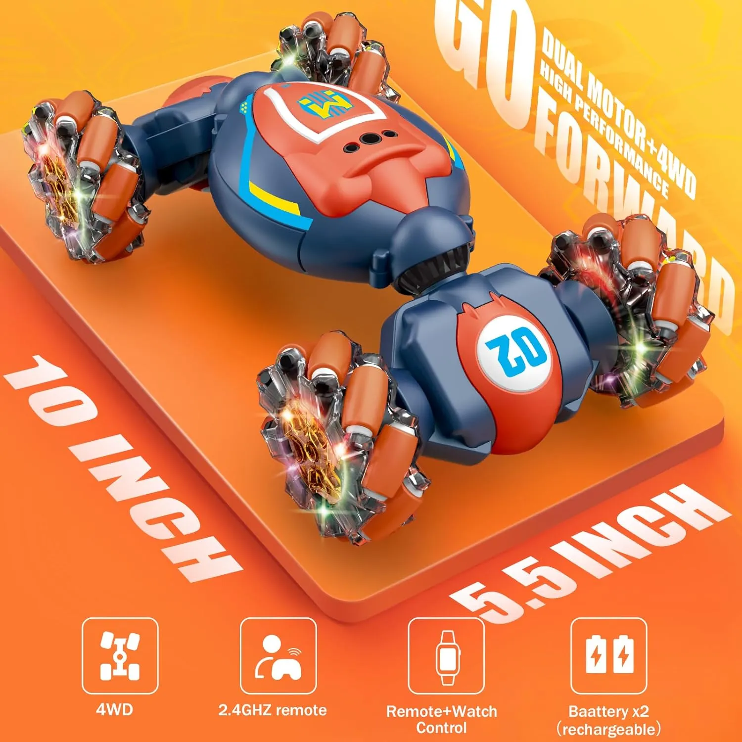 6-8 Years Old,Cool Birthday Gifts for Boys Ages 8-13 4WD Gesture Sensing Rc Stunt Car for Ages 5 7 9 10 Years Old Kids with Dutchman retract unlike Light and Music,Orange - Medium Rc Car Boys Toys 