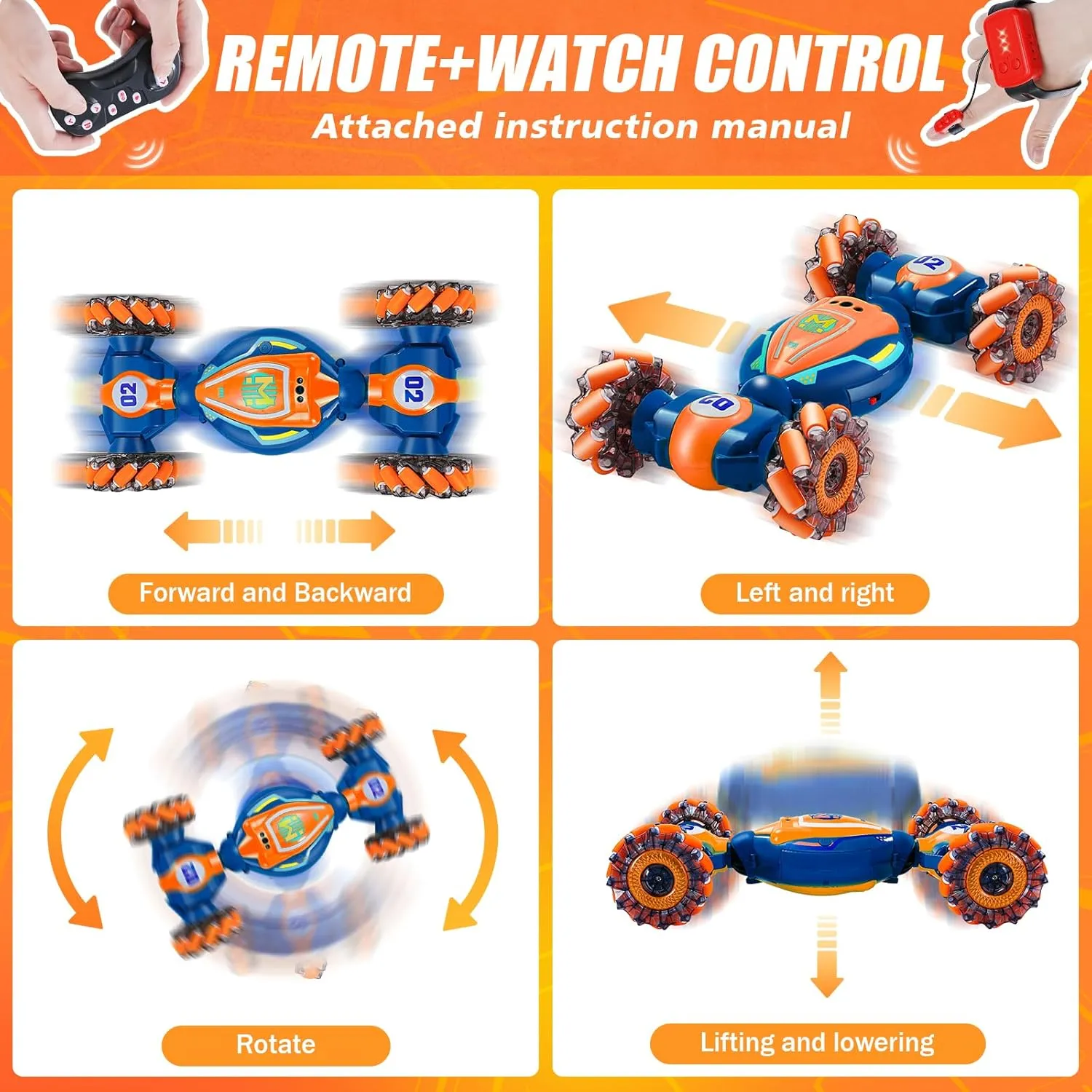 6-8 Years Old,Cool Birthday Gifts for Boys Ages 8-13 4WD Gesture Sensing Rc Stunt Car for Ages 5 7 9 10 Years Old Kids with Dutchman retract unlike Light and Music,Orange - Medium Rc Car Boys Toys 