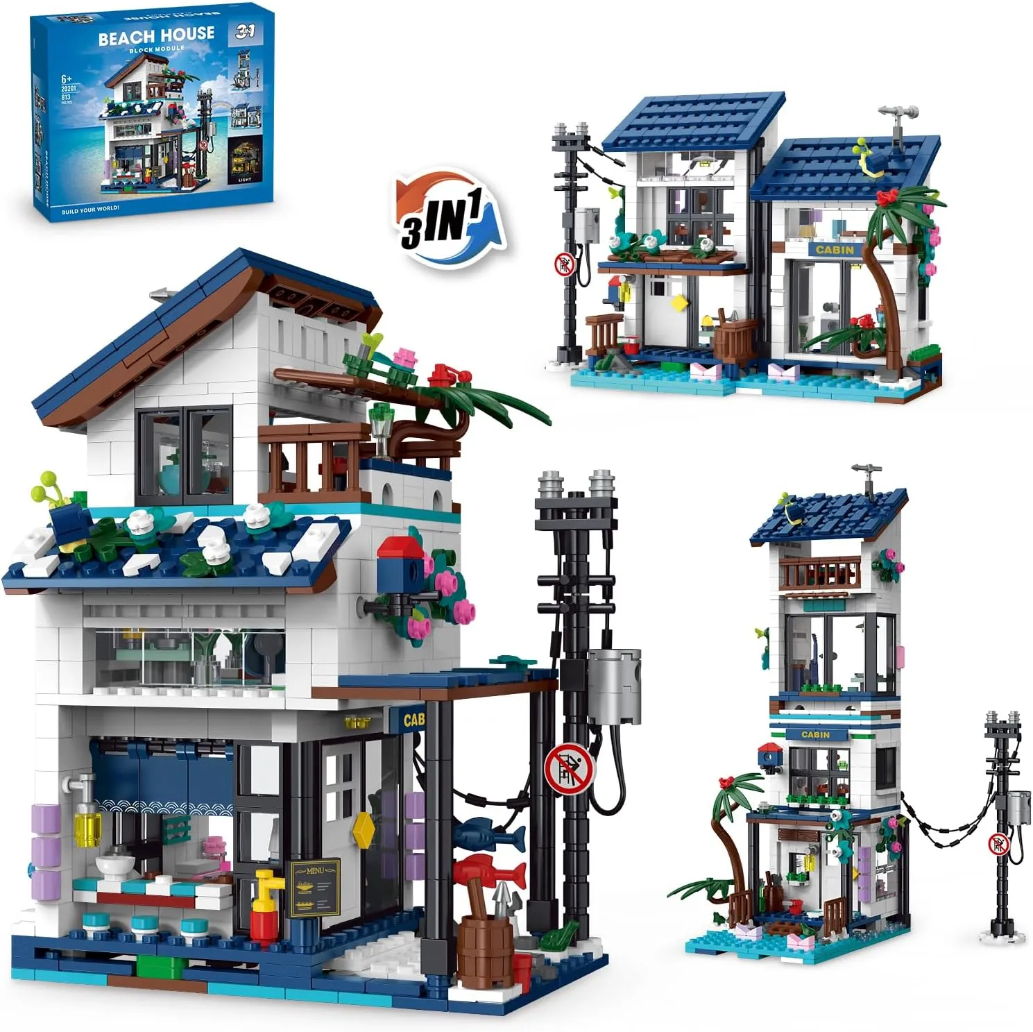 (813 emit PCS) 3 in 1 Vacation Beach House Building Set, Compatible with Friends Seaside Villa, Construction Educational Toy with Light, Birthday Gift for Kids Girls Aged 8-12 