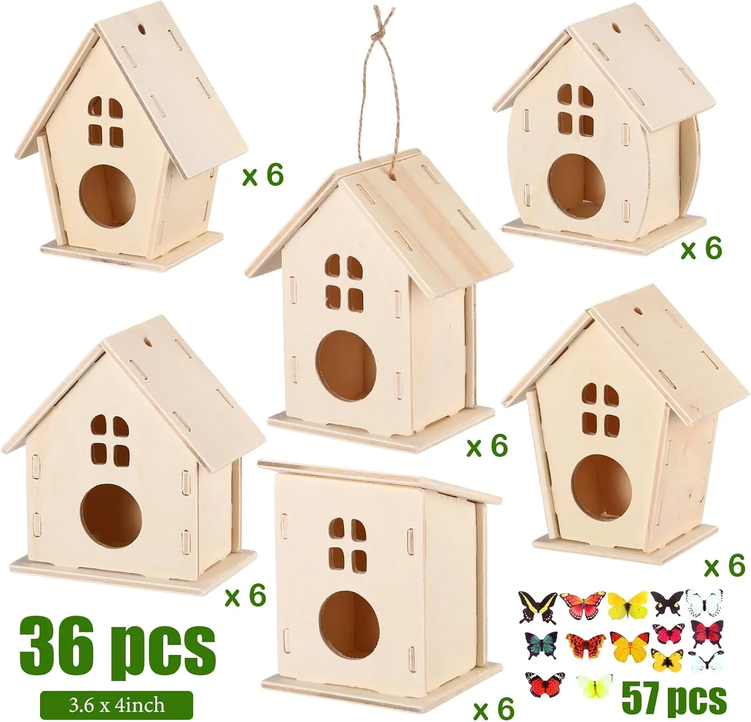 93 Pcs DIY Birdhouse Kits for Kids to Build, 36 Wooden Bird House 6 Shapes and 57 Butterfly Sticker expel for Children Spring Craft Activity Art Project DIY (Round Entrance) Sawysine 