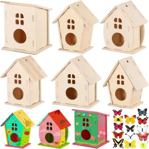 93 Pcs DIY Birdhouse Kits for Kids to Build, 36 Wooden Bird House 6 Shapes and 57 Butterfly Sticker expel for Children Spring Craft Activity Art Project DIY (Round Entrance) Sawysine 