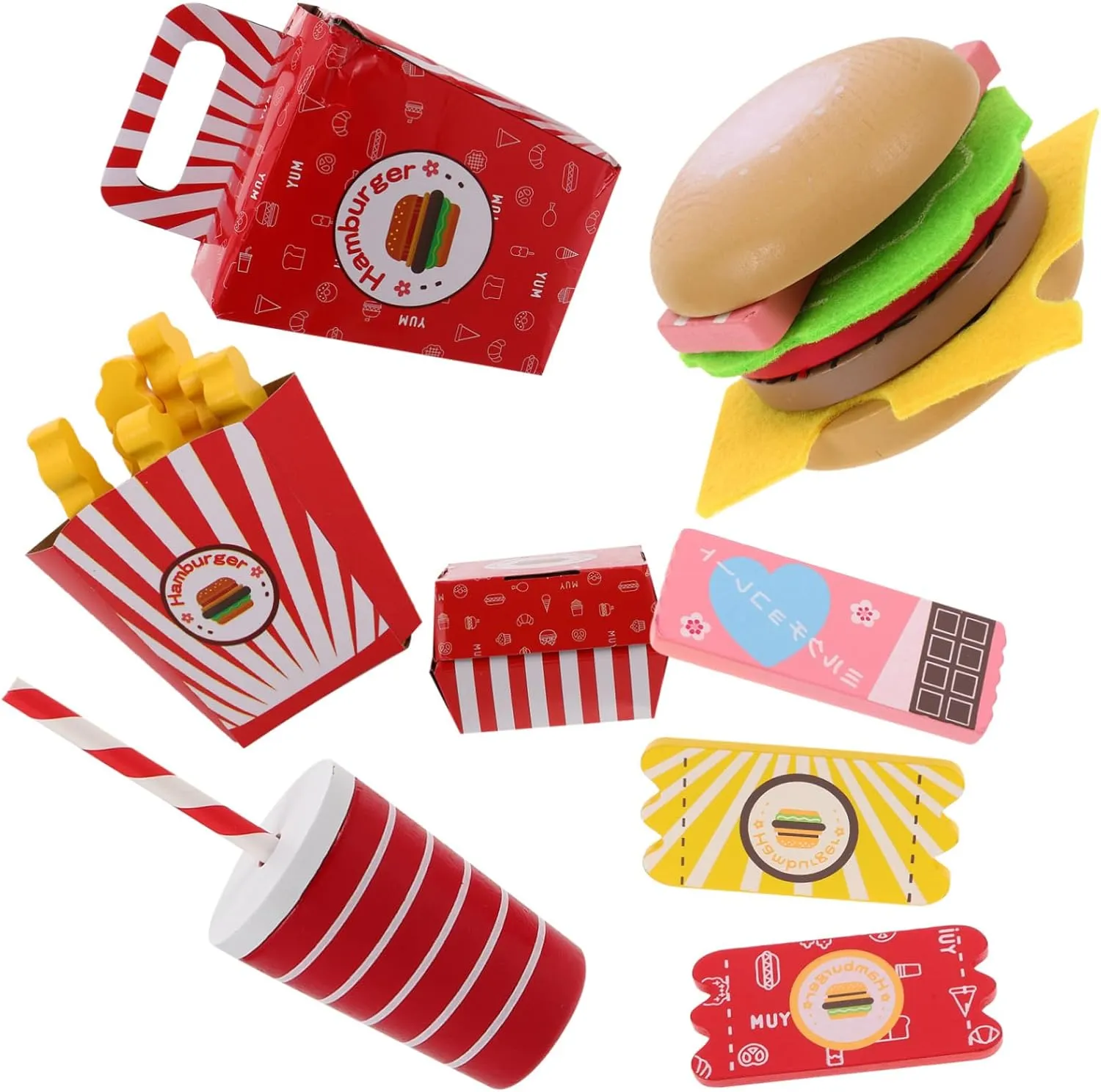 Accessories Set Realistic Hamburger and Fries Educational Wooden Toy Food for Role-Playing Grocery Store and Family Activities Yardwe Boys and Girls Pretend matter clone coil Play Kitchen 