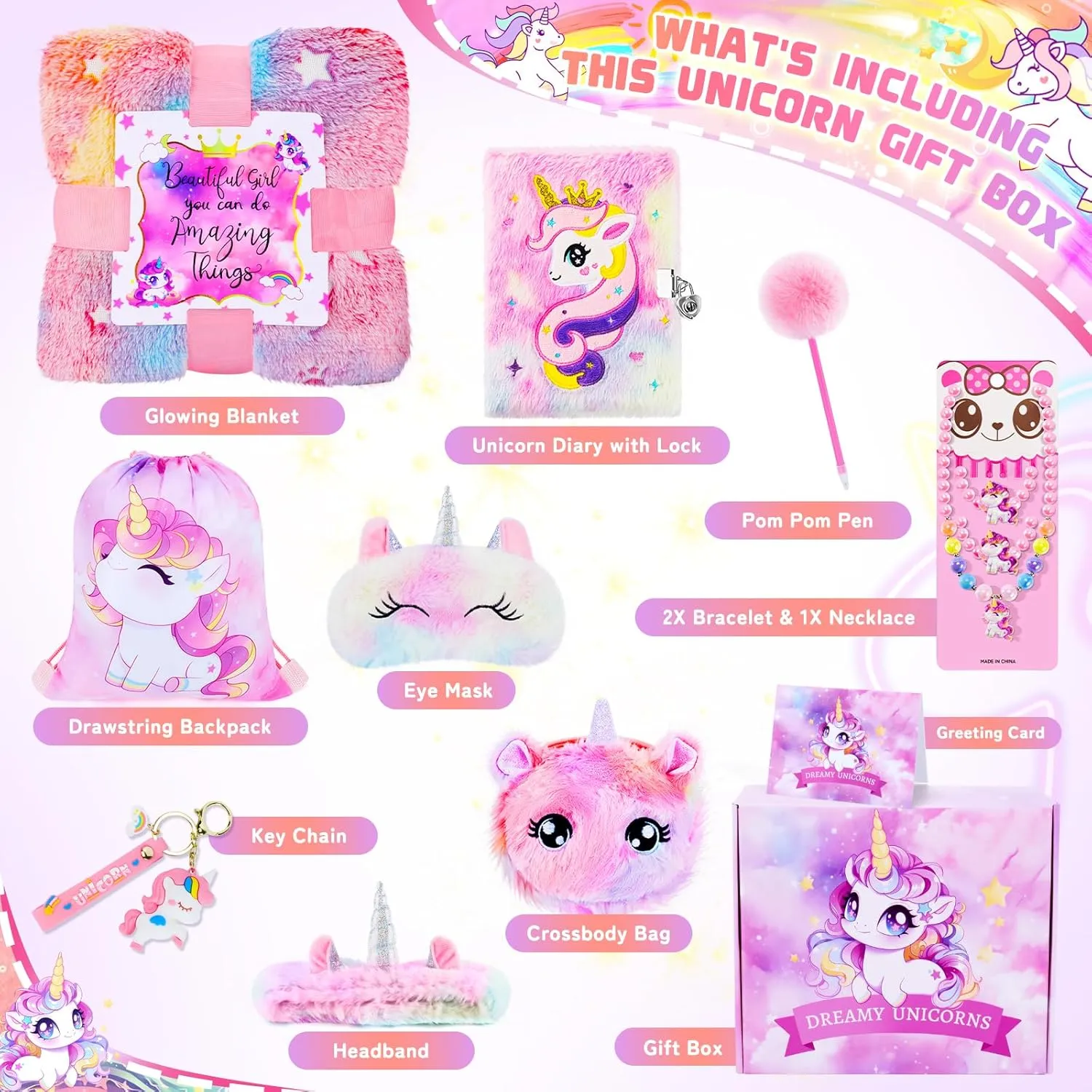 adolescence philology for Girls Kids Toys 3 4 5 6 7 8 9 10 Years Old with Stationery Plush Diary with Lock/Glowing Blanket/Eye Mask/Crossbody Bag Teen Girl Birthday Christmas Unicorn Toy 13PCS Unicorns Gifts 