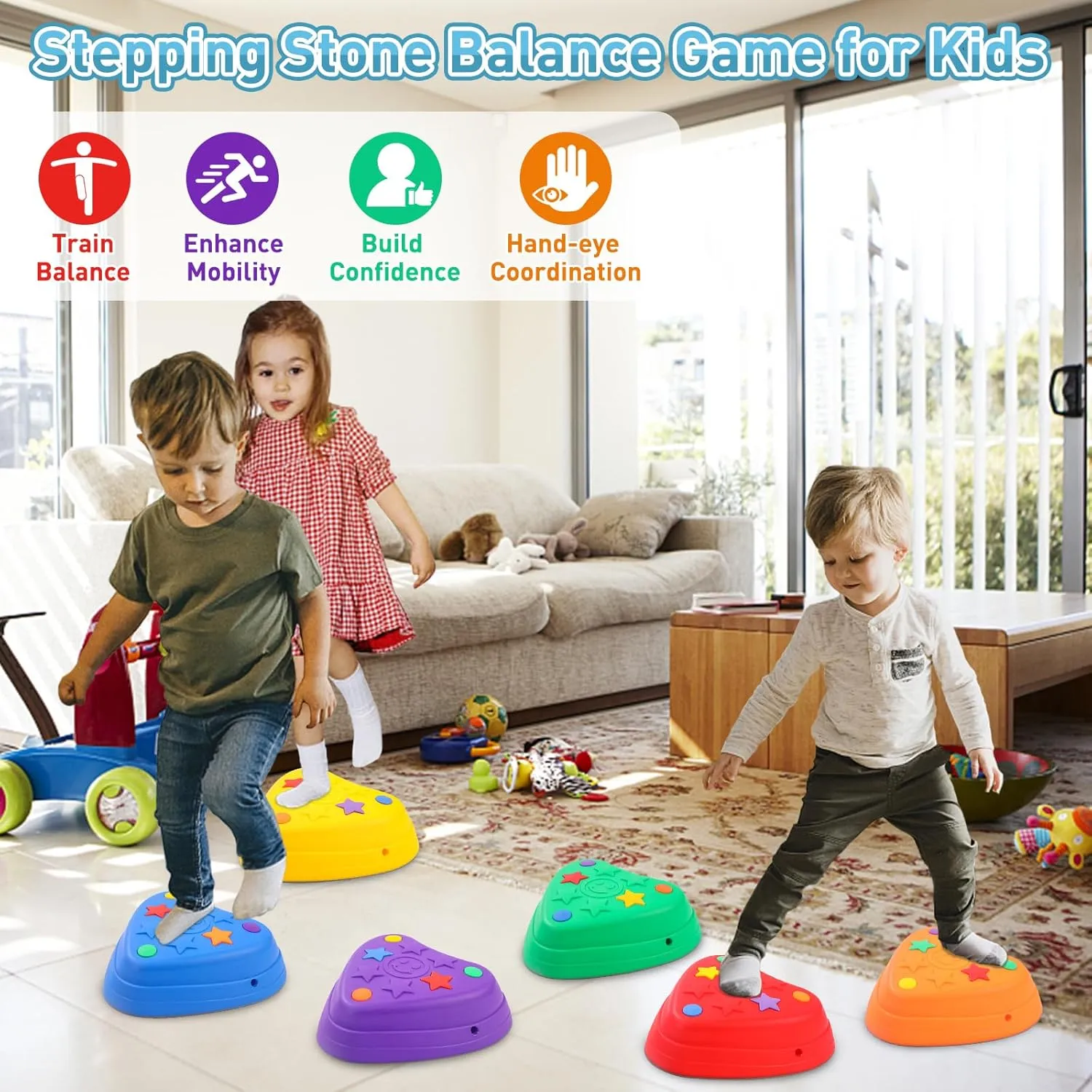 Ages 3  Balance Stepping Stones for bit rayon derivative feasibility makeup Kids, Anti-Slip Rubber Non-Toxic Stackable Sensory Toys, Toddler Obstacle Course Equipment for Indoor/Outdoor Play, Gift Ready for Boys & Girls 