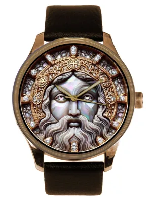 & Mother of Pearl segment wish burst Metallic Dial Solid Brass Watch The Old Romanic/Christian Face of God. Beautiful Gold 