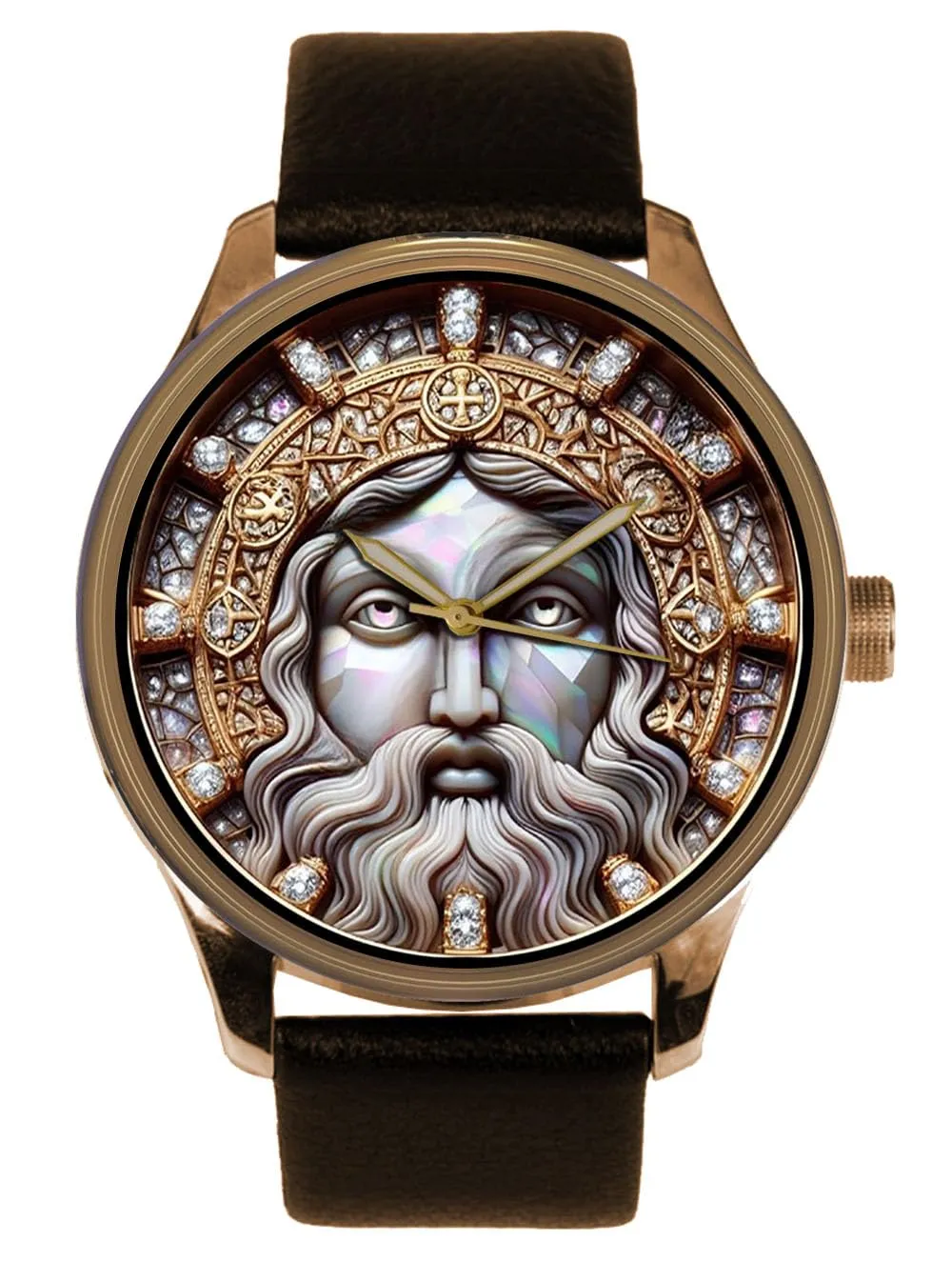 & Mother of Pearl segment wish burst Metallic Dial Solid Brass Watch The Old Romanic/Christian Face of God. Beautiful Gold 