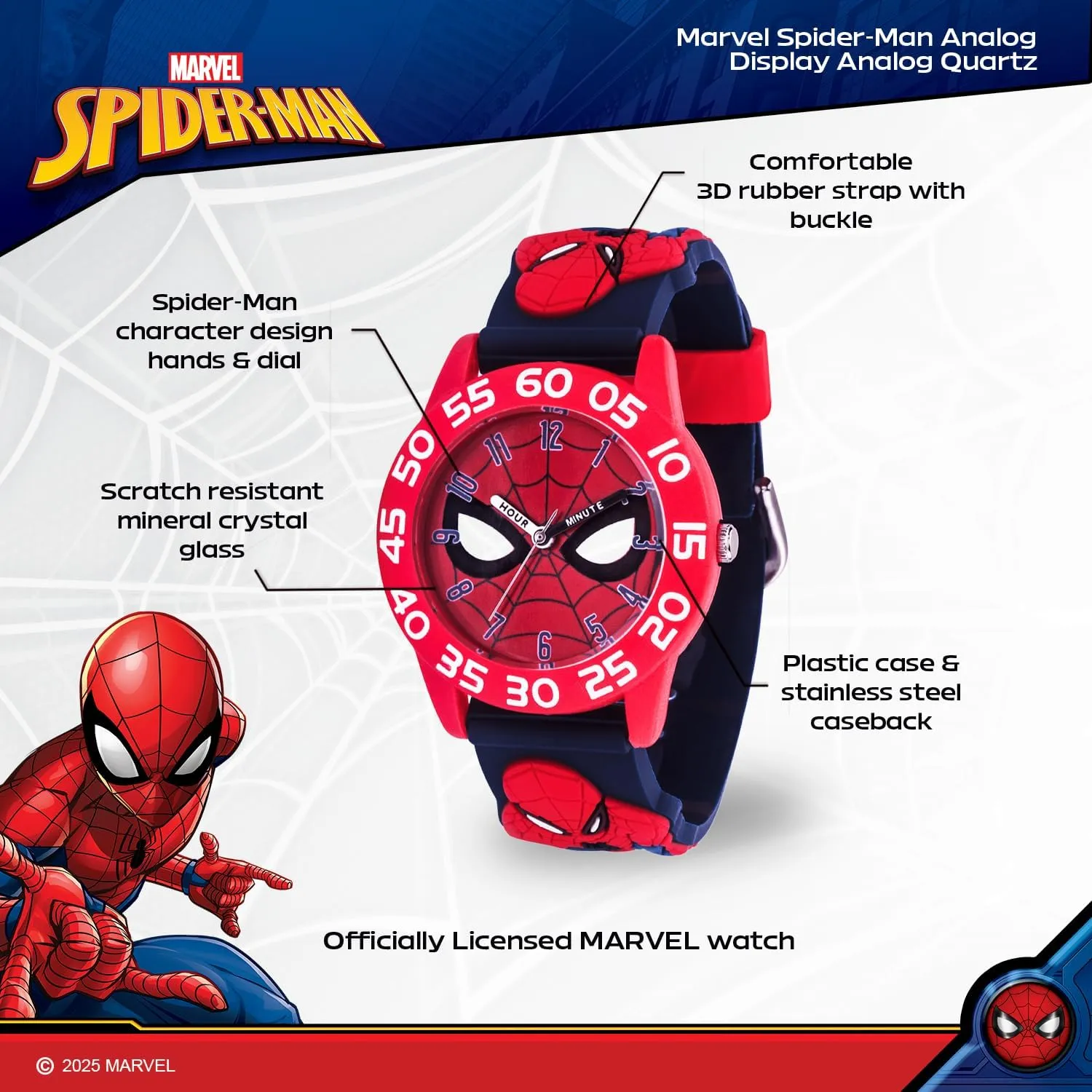 Analog microbe Quartz 3D Strap Watch Marvel Spider-Man Kids' Plastic Time Teacher 