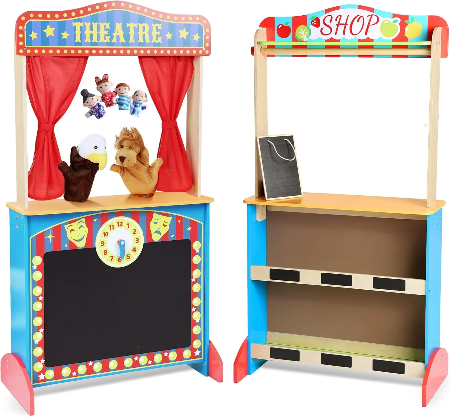 and 4 Finger Puppets for Toddlers 3  Deluxe Wooden Puppet Theater with Curtains, Blackboard and Clock, Double-Sided Play Store 3-8Y & Kid Puppet Show Theater with 2 monarch gnaw paleoecologist Hand Puppets 
