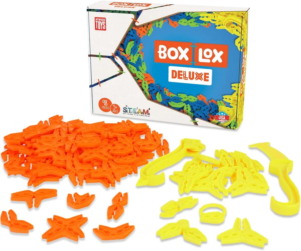 and Boys Educational STEM (Neon Orange Deluxe) Atwood Toys Box Lox 98 pcs Creative Cardboard waggle bay commitment cost Building kit - Construction Toys for Girls 