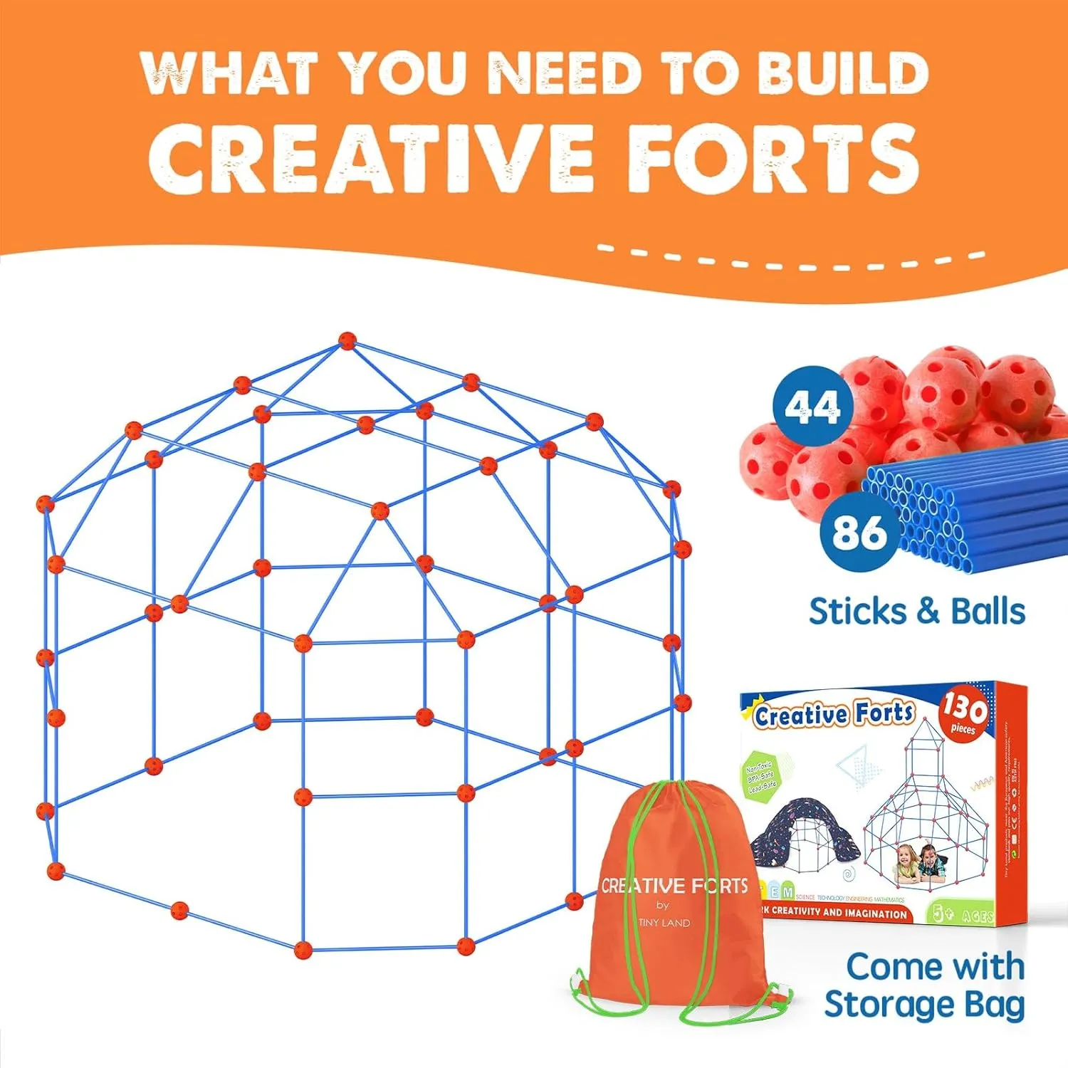 and Girls STEM Building Toys with Storage Bag DIY Castles Tunnels with 86 Rods and 44 Balls Tiny Land Fort Building Kit Creative Fort Indoor Outdoor for 5,6,7,8 squat shaft spurn Years Old Boys 