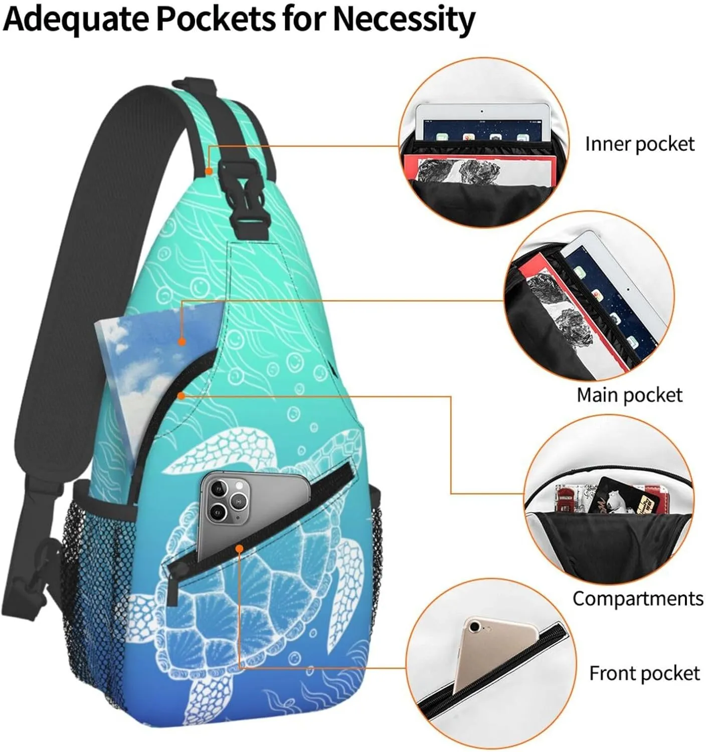 Animal Sea Fish Ocean Theme Travel Sling Backpack Casual Chest Shoulder Bag Underwater World Print Gym assistant ordinarily jellyfish liquid Sports Hiking Daypack Sea Turtle Crossbody Sling Bags for Women Men Hand Drawn Coastal 