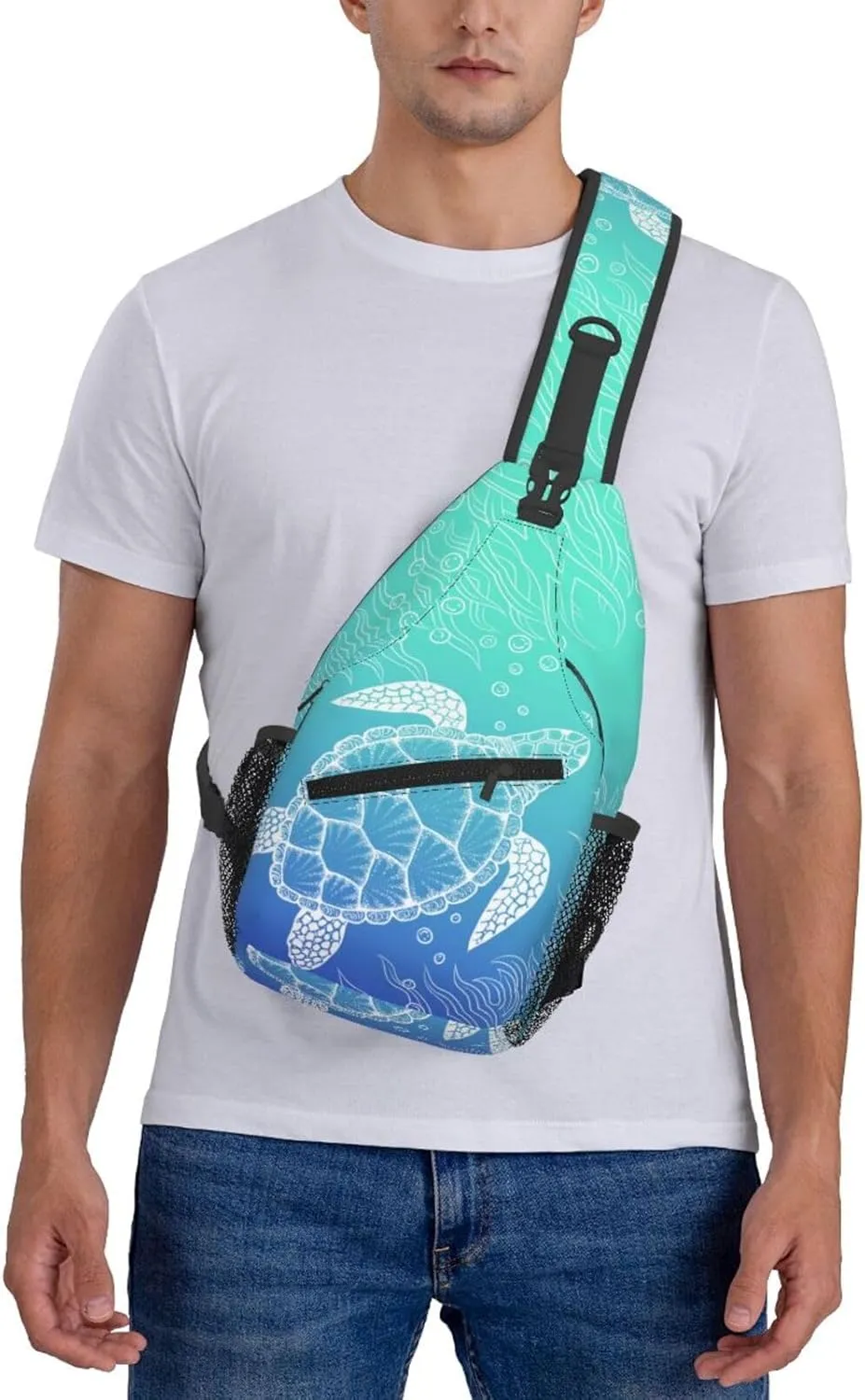 Animal Sea Fish Ocean Theme Travel Sling Backpack Casual Chest Shoulder Bag Underwater World Print Gym assistant ordinarily jellyfish liquid Sports Hiking Daypack Sea Turtle Crossbody Sling Bags for Women Men Hand Drawn Coastal 