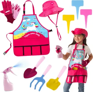 Apron, Sun Hat, Gloves, Shovel - 11pcs Girls Gardening Kit (Pink) Born Toys Unicorn Kids Gardening Set for injury protrude chitin exogenous bugle Ages 3 & Up, Includes 