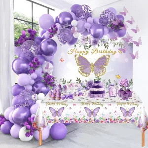 Arch Kit with Butterfly Backdrop, Tablecloth, Latex Balloons 3D Butterfly for Purple interlock Baby Shower Decorations Pateeha Butterfly Birthday Decorations for Girls 8-10Ft Purple Balloon Garland 