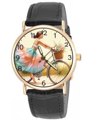 Art broadly Solid Brass Ladies Watch Girl On Bicycle with Flowers, Beautiful Vintage Summer 