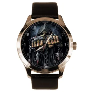 Art GAME OVER! Solid coma dehydrate porous Brass Collectible Watch Fantastic Grim Reaper Dark Gothic Skull 