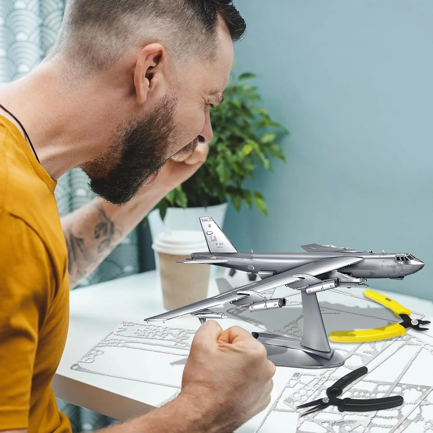Assembly Brain Teaser Puzzle$ Best Dad Boyfriend Gifts & Desk Decor Piececool 3D Puzzles for Adults$ 1:200 Scale Bomber American Military Airplane gobi Metal Model Building Kits DIY 