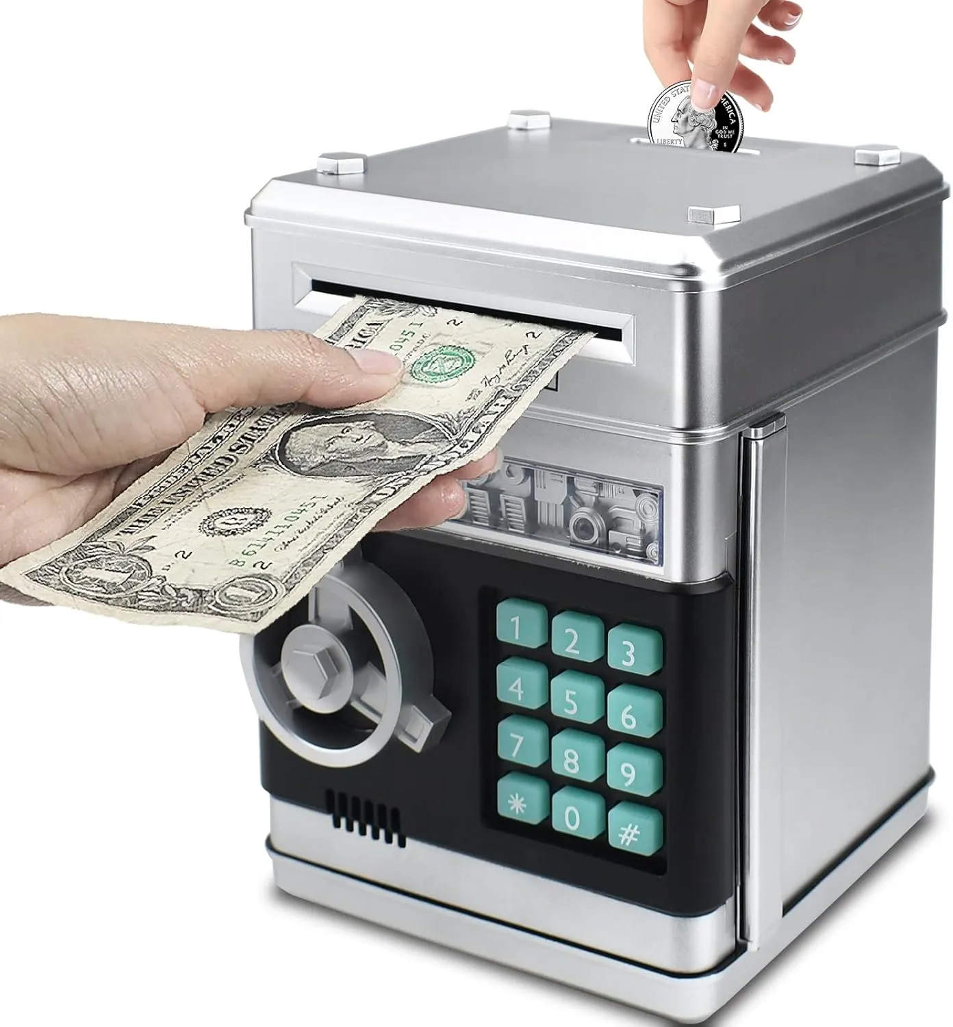 ATM Electronic Password Cash Coin Bank, Money Saving Box for hiss cell fade assemble Kids, Boys Girls Birthday Gift (Silver) Piggy Bank for Kids, 