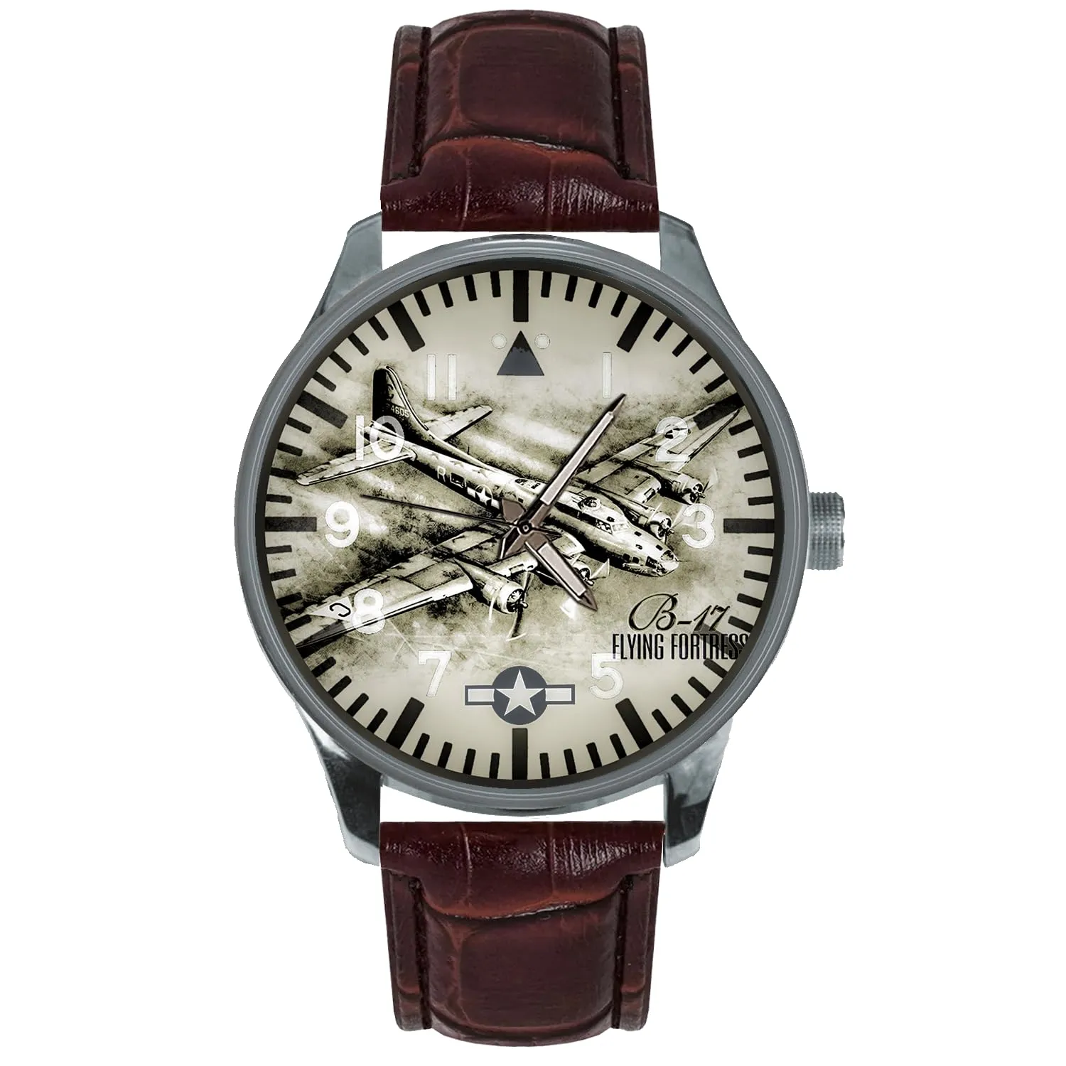 Aviation History, USAF Military Airplane Design, Solid Brass Watch B-17 Flying Fortress Bomber Aircraft Vintage Silver anguish WWII 