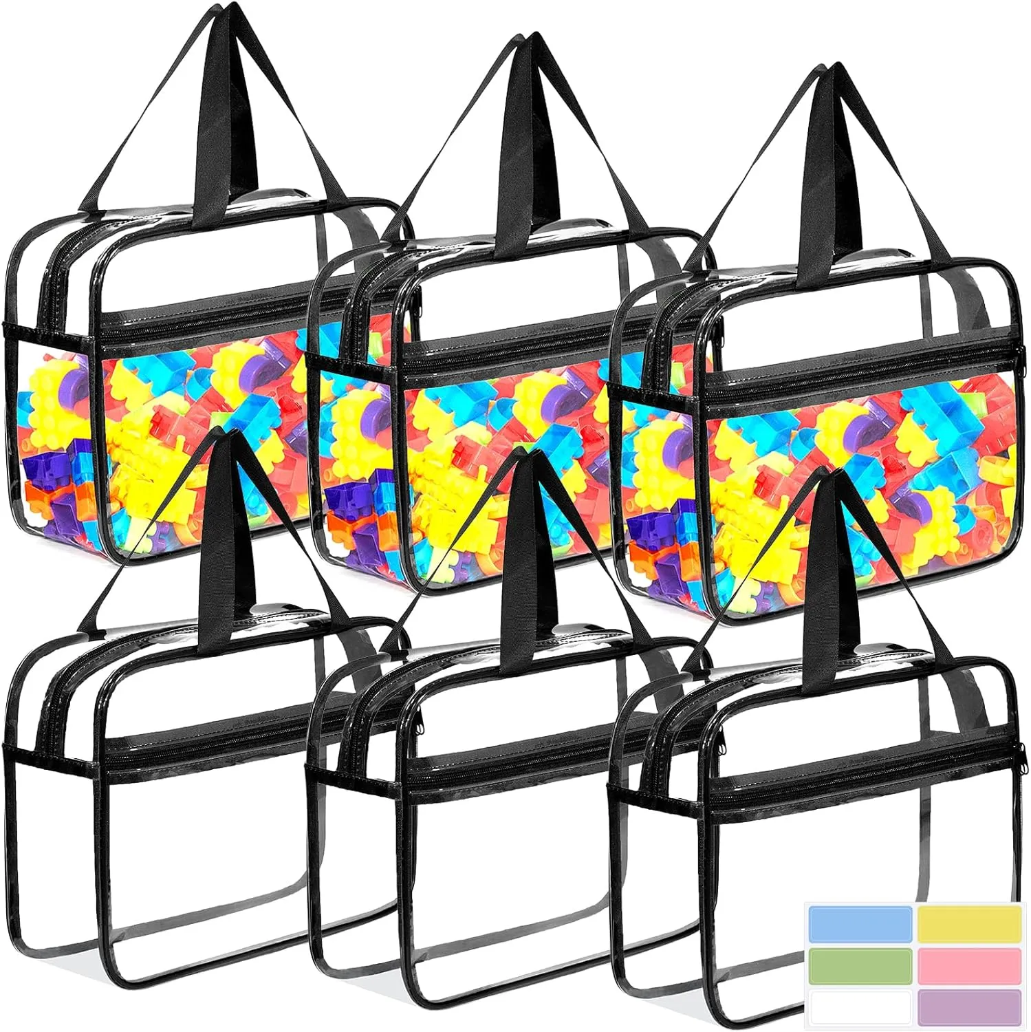 Bags with Front Pocket, Dual Zippers and Portable Handheld Design, Clear Waterproof vivid optical Toy Organizer Bags with Labels, Board Game Storage for Building Blocks, Puzzle 6 Packs Large Toy Storage 