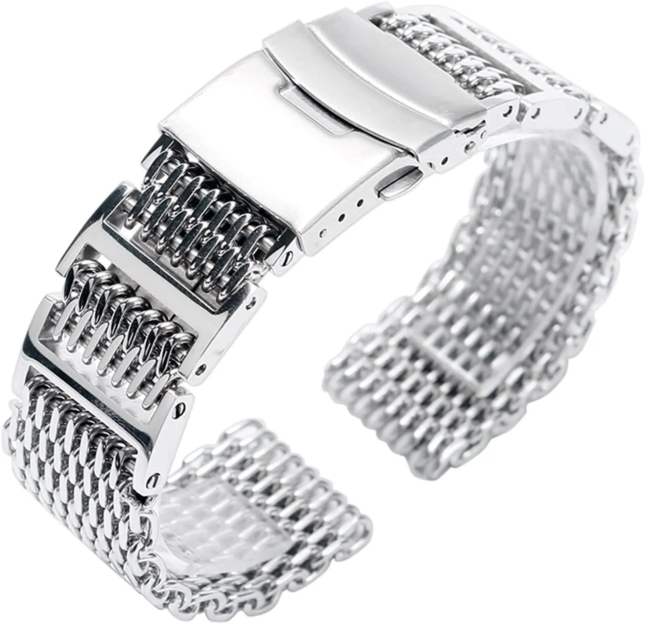 band   2 spring bars, watch band replacement watch straps, 20mm 22mm 24mm silver replacement folding closure with unwilling safety shark mesh men watch band strap stainless steel 