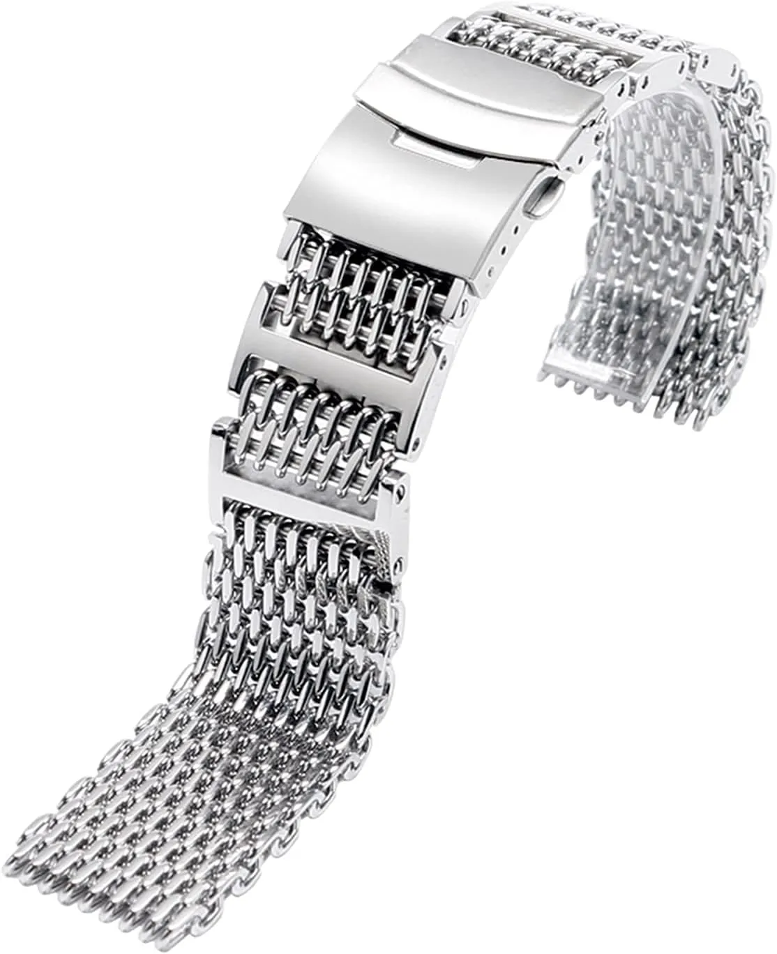 band   2 spring bars, watch band replacement watch straps, 20mm 22mm 24mm silver replacement folding closure with unwilling safety shark mesh men watch band strap stainless steel 