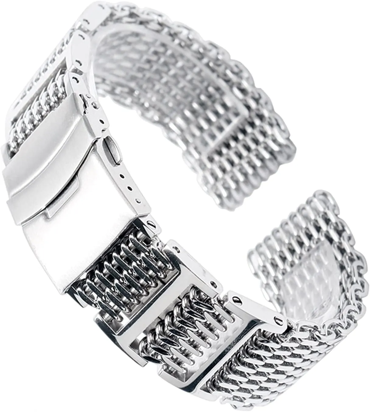 band   2 spring bars, watch band replacement watch straps, 20mm 22mm 24mm silver replacement folding closure with unwilling safety shark mesh men watch band strap stainless steel 