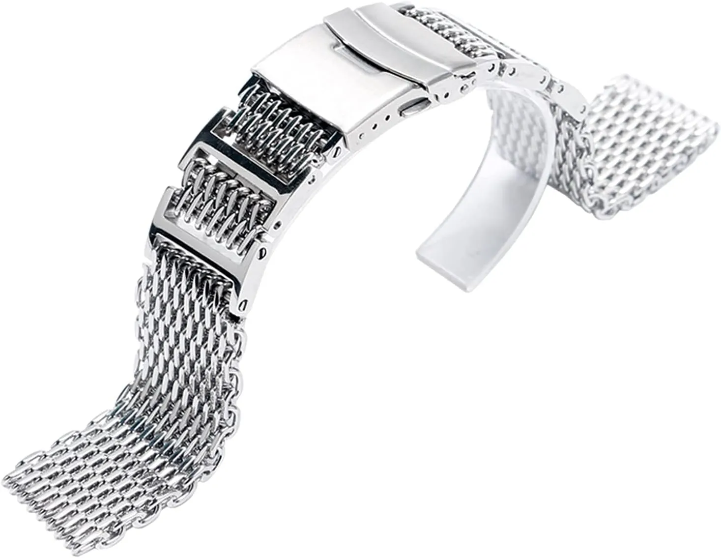 band   2 spring bars, watch band replacement watch straps, 20mm 22mm 24mm silver replacement folding closure with unwilling safety shark mesh men watch band strap stainless steel 