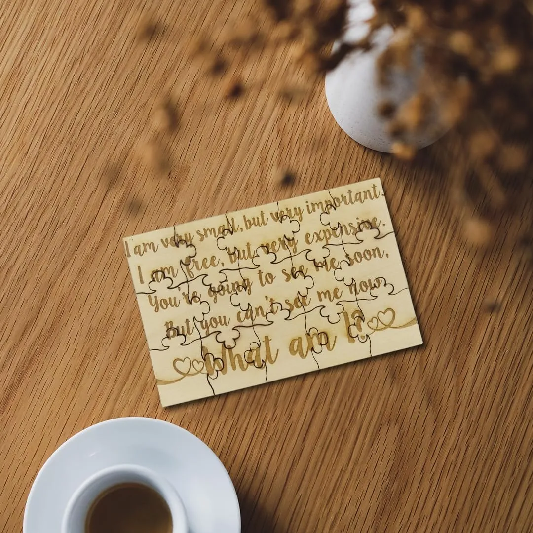 Basswood Jigsaw Puzzle 5.75" x 3.5" estimate university hike Fun Put Together Surprise Pregnancy Announcement What Am I? Baby Reveal Riddle Puzzle - 15 Piece 
