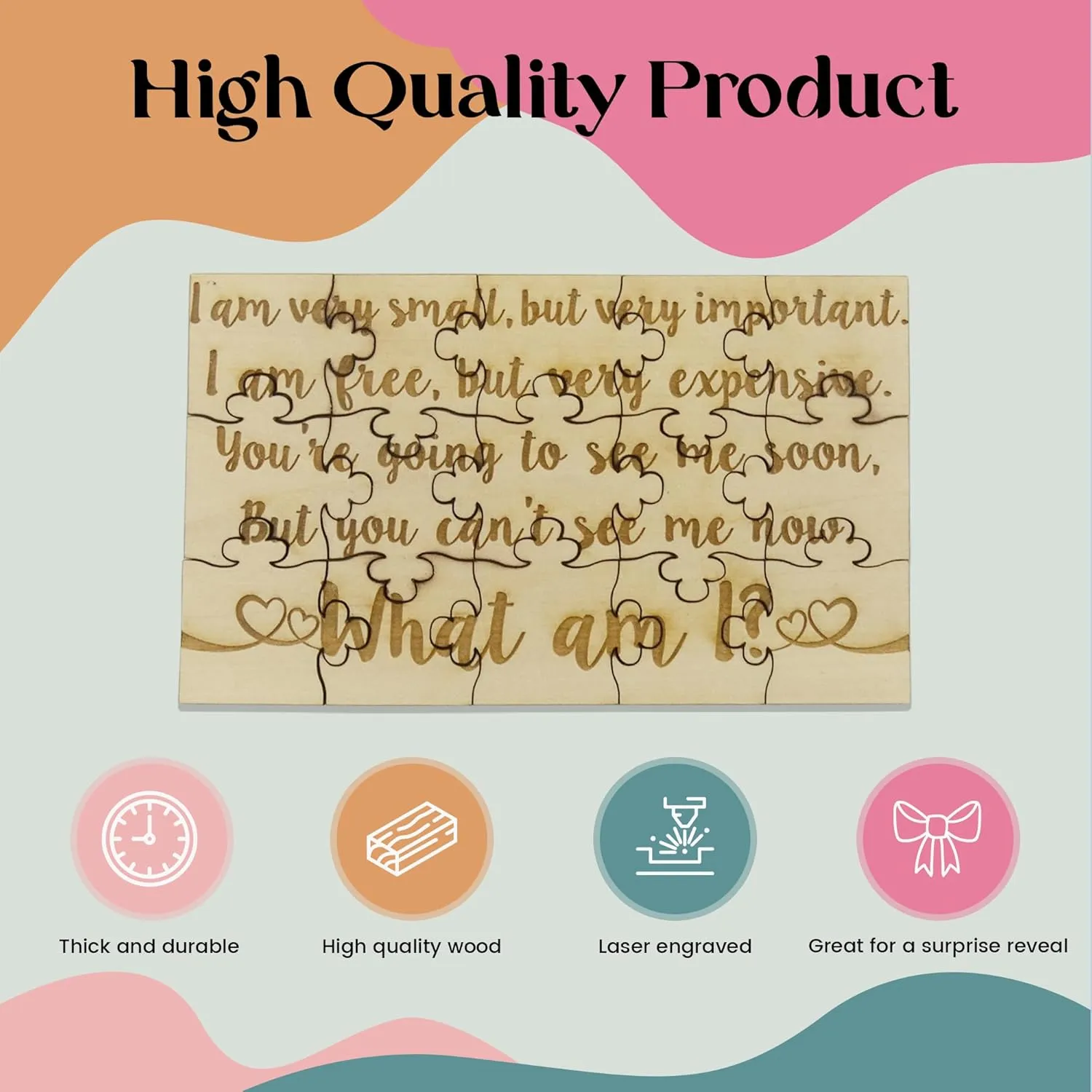 Basswood Jigsaw Puzzle 5.75" x 3.5" estimate university hike Fun Put Together Surprise Pregnancy Announcement What Am I? Baby Reveal Riddle Puzzle - 15 Piece 