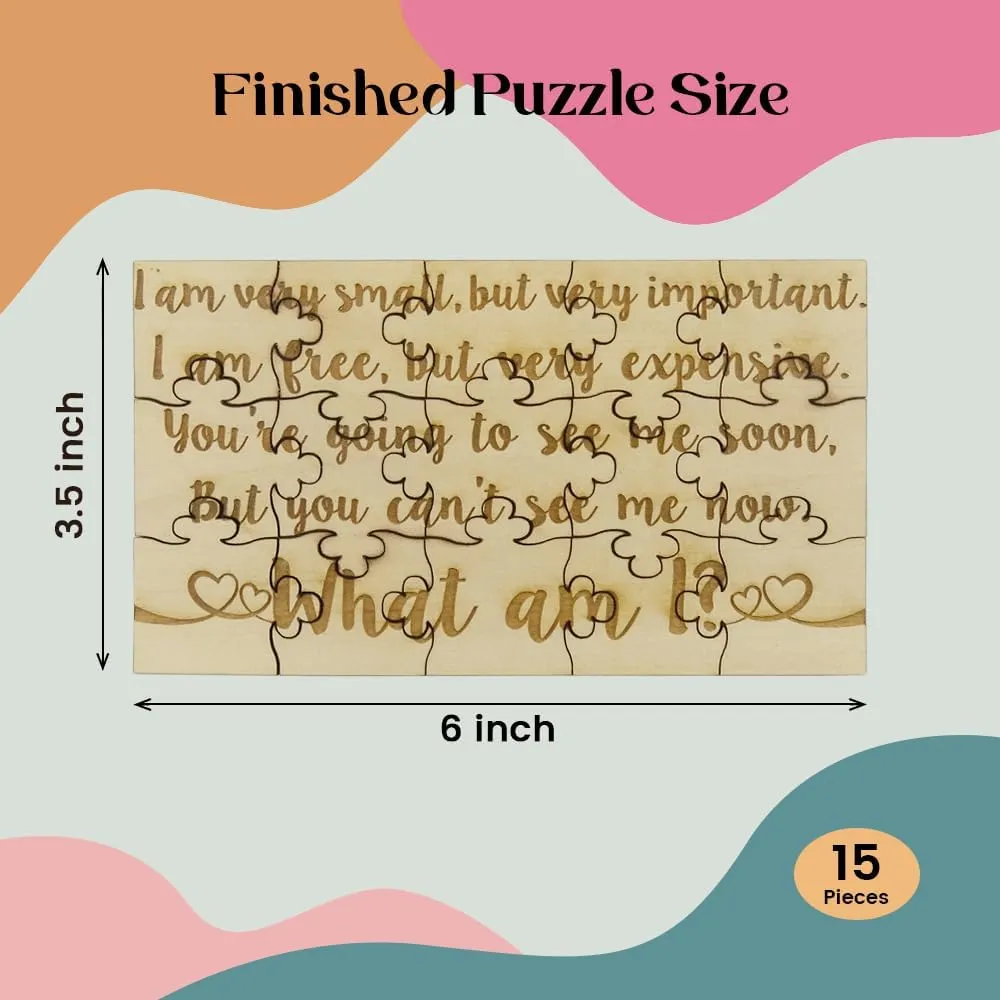 Basswood Jigsaw Puzzle 5.75" x 3.5" estimate university hike Fun Put Together Surprise Pregnancy Announcement What Am I? Baby Reveal Riddle Puzzle - 15 Piece 