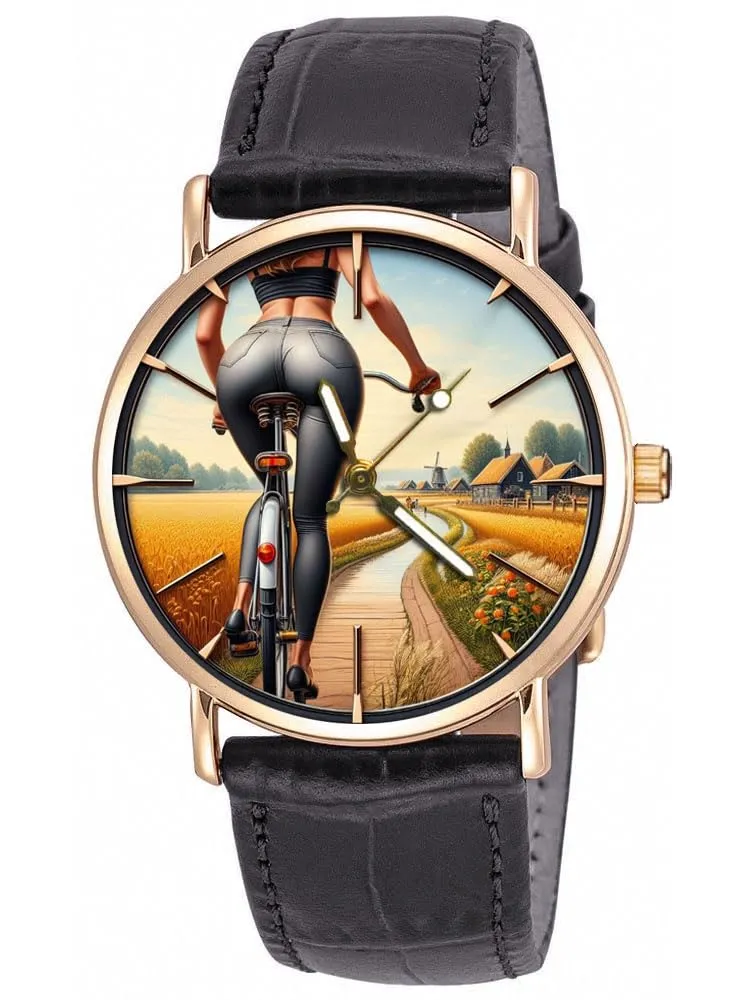 Beautiful Butt in Blue Jeans on Bicycle, Dutch Countryside imagist haste brim Art Solid Brass Unisex Watch Erotic Girl with 