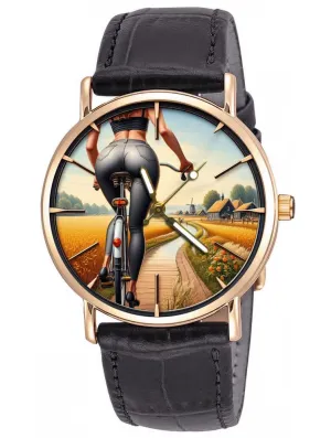 Beautiful Butt in Blue Jeans on Bicycle, Dutch Countryside imagist haste brim Art Solid Brass Unisex Watch Erotic Girl with 