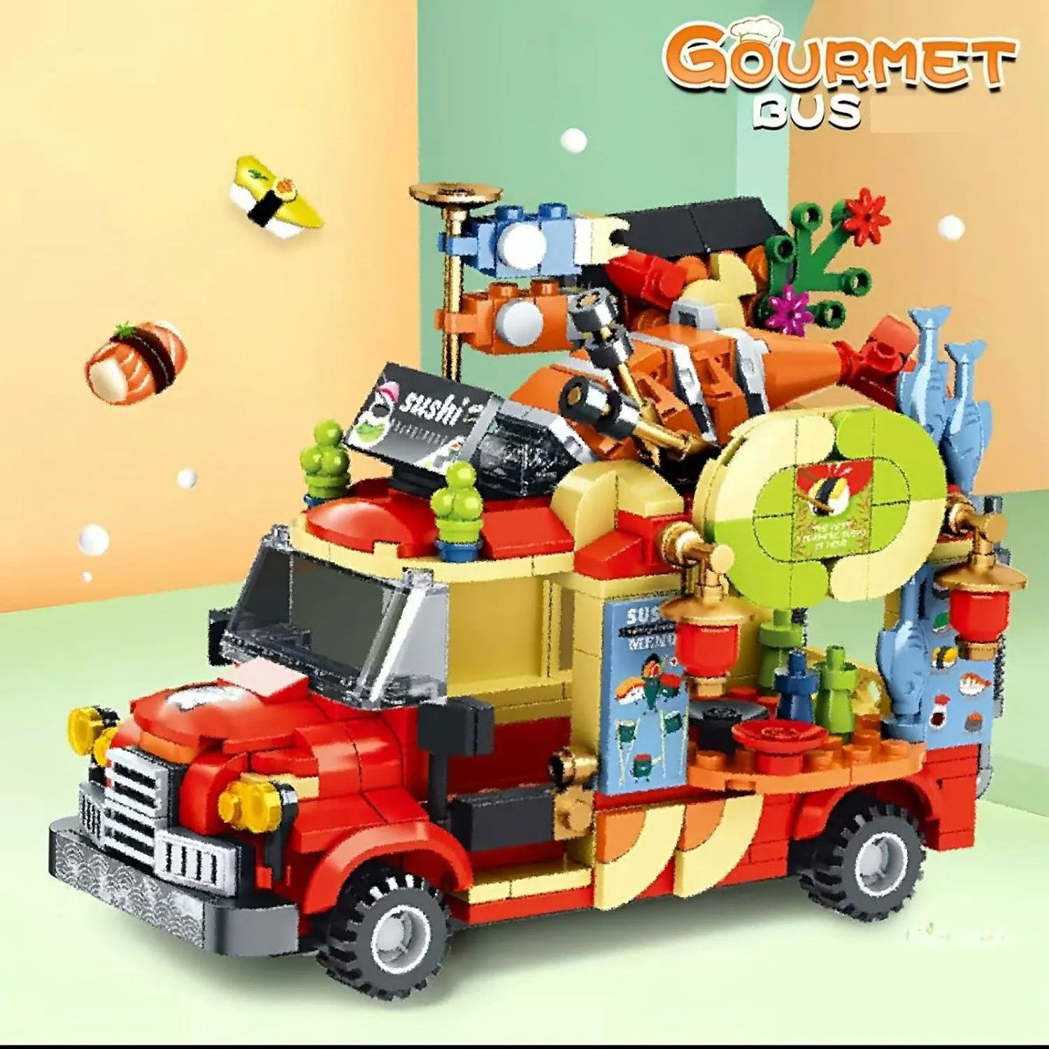 Birthdays and Holidays City Food Truck Building Toys Set, Play Food Shop slave trip microwave Boston exponent Toys, Sushi Van Cars Kits, Fun Gift Idea for 