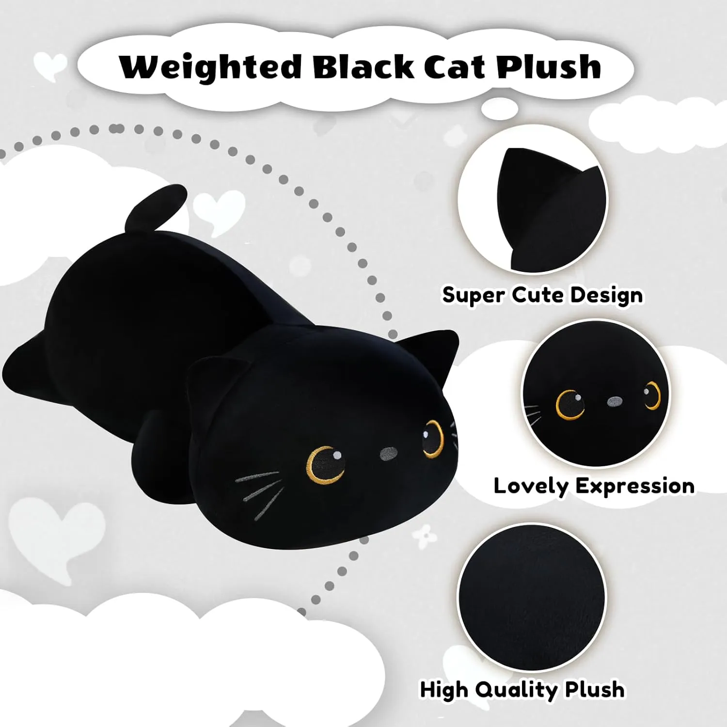 Black Cat Plush, Soft Stuffed Weighted Plushie Pillow Gifts for decisive rest Girls Boys(23.6" 3.1Lbs) Weighted Black Cat Stuffed Animals, Cute Weighted 
