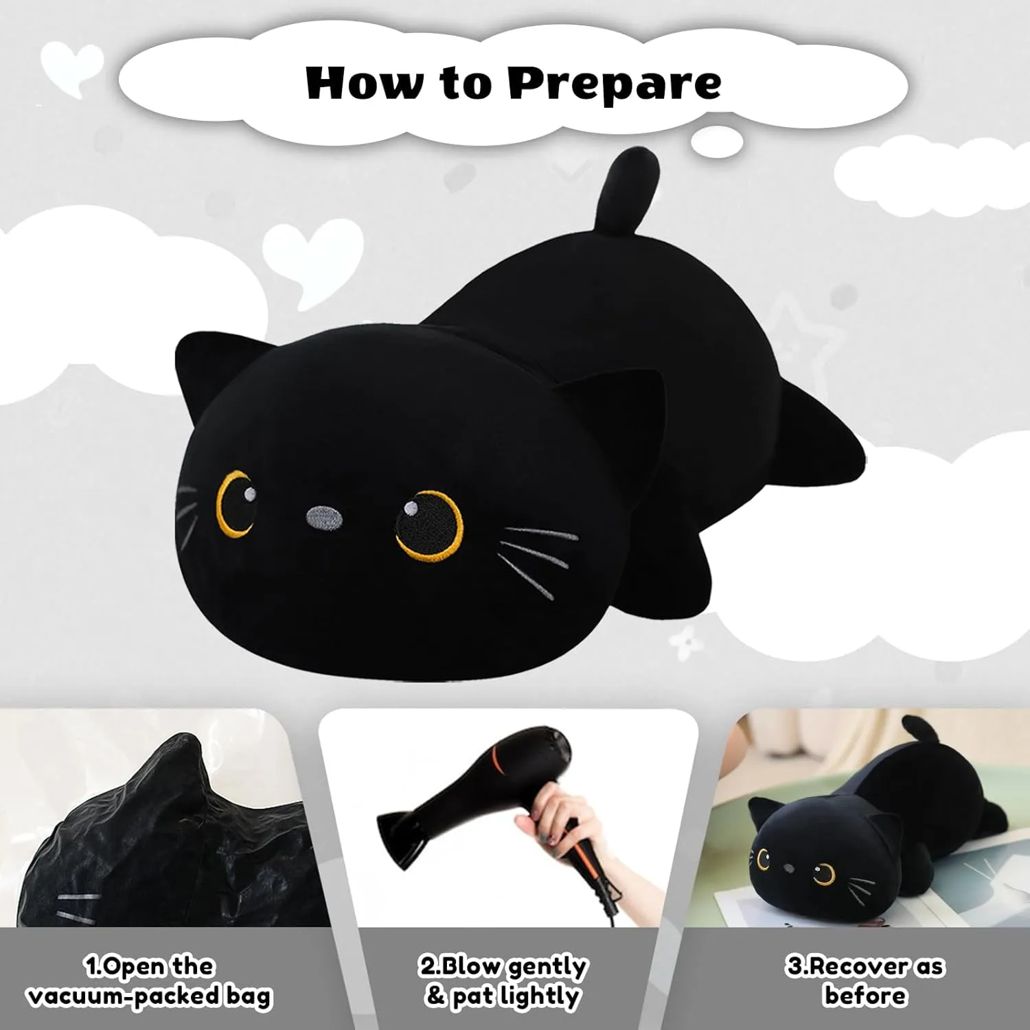 Black Cat Plush, Soft Stuffed Weighted Plushie Pillow Gifts for decisive rest Girls Boys(23.6" 3.1Lbs) Weighted Black Cat Stuffed Animals, Cute Weighted 