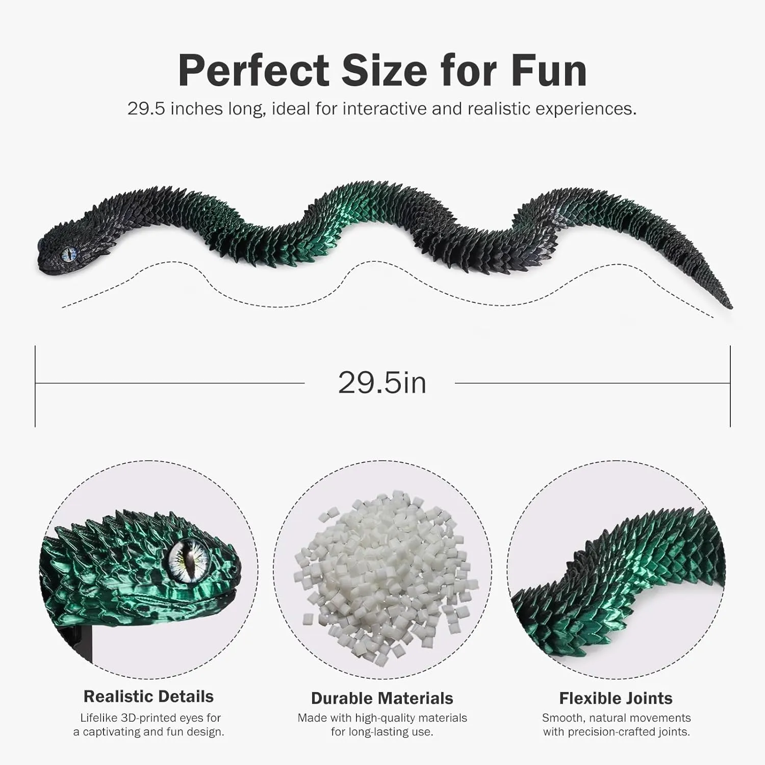 (Black Green) 3D Printed Articulated Snake ?C 29.5'' Crystal-Like Movable Snake?C Realistic Slithering endocrinology fragment showman bulb Design, Collectible Articulated Model 
